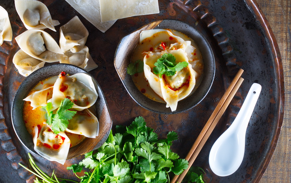 spicy chicken and cilantro wonton soup