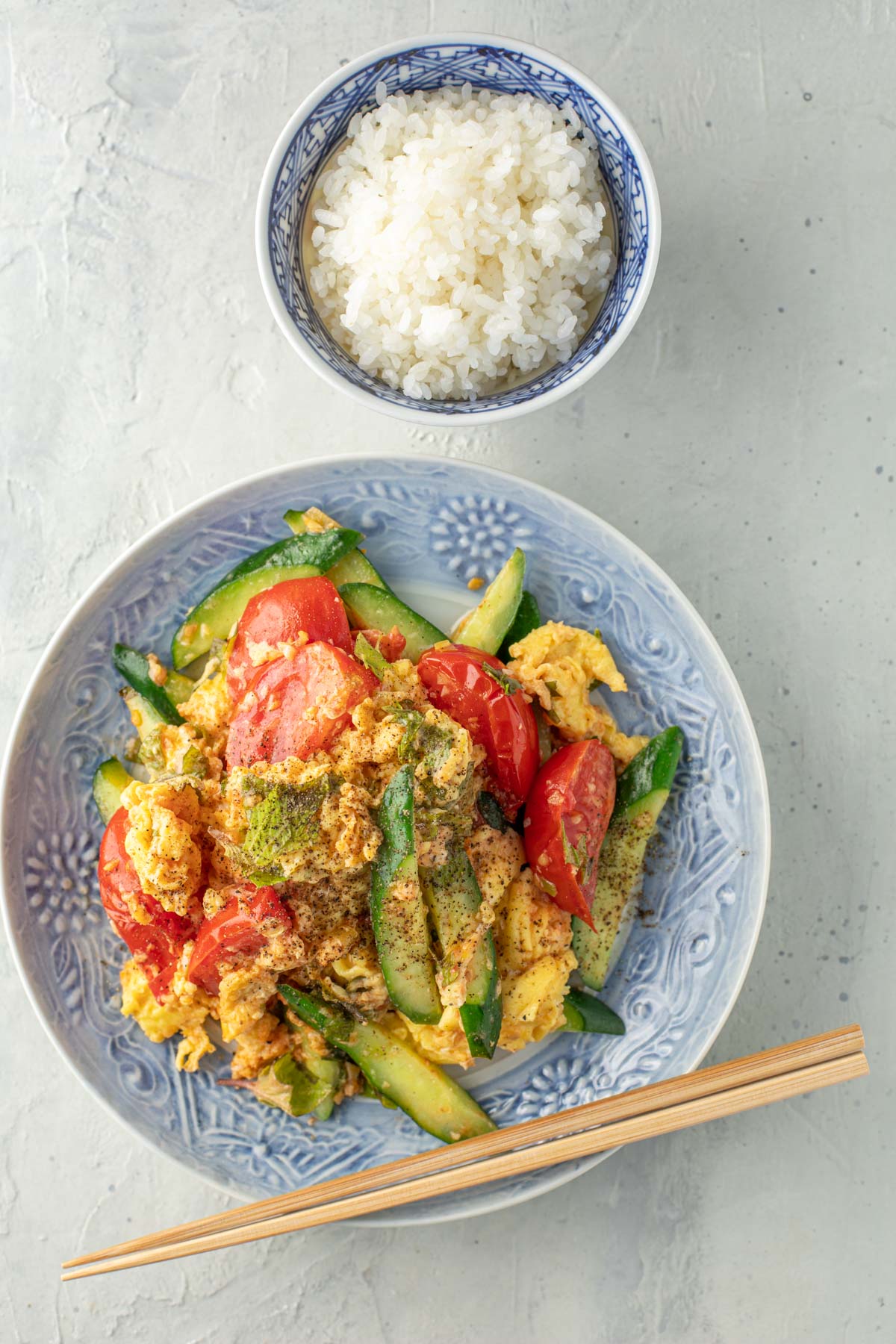 tomato egg stir fry and stemed rice